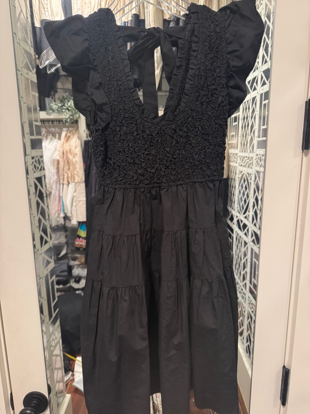 En Saison Black Mini Dress with Smocked Bodice and Ruffle Sleeves